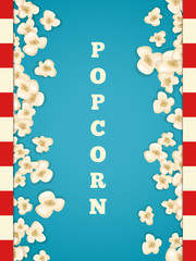 Heap popcorn for movie lies on blue background. - obrazy, fototapety, plakaty