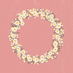 Vector floral frame. Chamomile flowers wreath. Summer card with daisies arranged in a shape of the wreath. Card for summer or wedding designs.