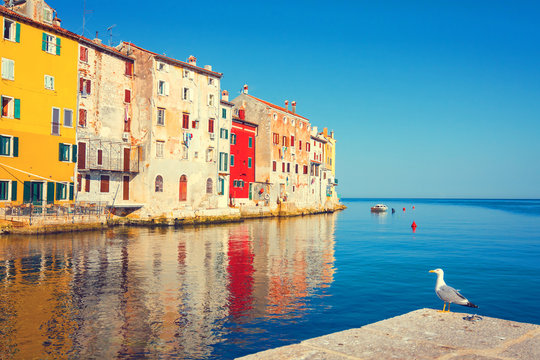 view on old town in Rovinj, Istria, Croatia. Vintage look