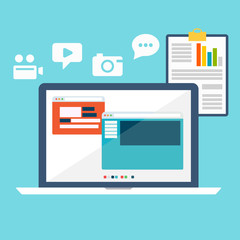 Flat design modern vector illustration icons set of website SEO optimization, programming process and web analytics elements. Isolated on stylish colored background

