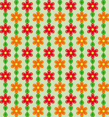 Floral pattern with red and orange flowers on green background
