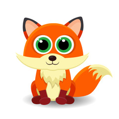 Sitting cute smiling little fox isolated on white background.