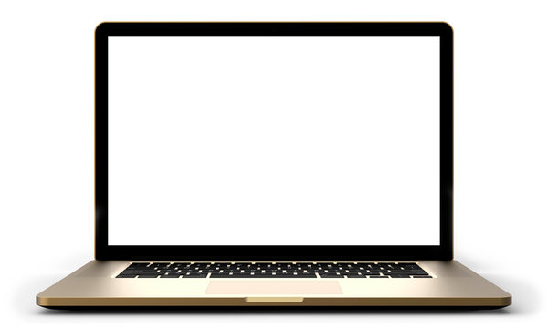 Gold laptop with blank screen isolated on white background. Whole in focus.