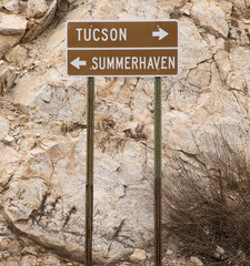 Road sign atop Mount Lemmon in Arizona showing Summerhaven and Tucson