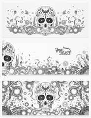 Monochrome banners of Dia de Muertos sugar skull with ornate on an abstract floral spring background. Day of The Dead