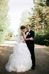 Naklejka premium Elegant young happy wedding couple is sitting at green grass on