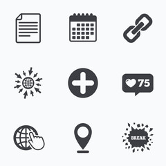 Plus circle and hyperlink signs. File, globe.