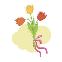Vector illustration of beautiful red, orange and yellow tulips bouquet with bow, isolated on abstract background