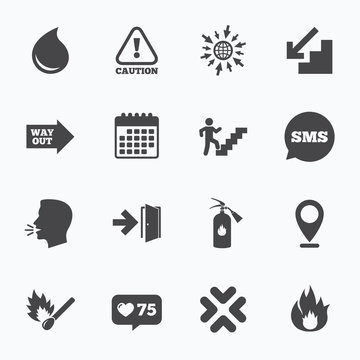 Fire safety, emergency icons. Extinguisher sign.
