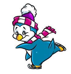 Penguin figure skating cartoon illustration isolated image animal character 