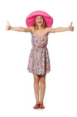 Girl in summer light dress and hat isolated on white