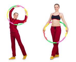 Woman doing exercises with hula hoop
