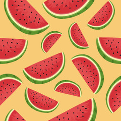 Seamless pattern vector illustration of watermelon fruit in orange background.