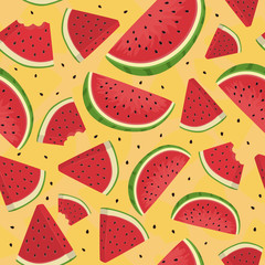Seamless pattern vector illustration of watermelon fruit in orange background.