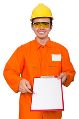 Man in orange coveralls isolated on white