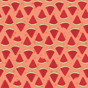 Seamless pattern vector illustration of watermelon fruit triangle slice bite in pink background.