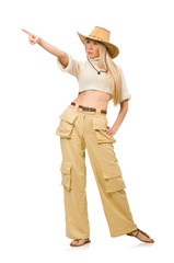 Pretty woman in beige trousers isolated on white