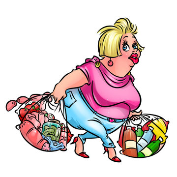 Fat woman shopper buy products cartoon illustration isolated image character 