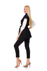Fototapeta premium Woman in black fashionable vest isolated on white
