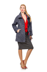 Blond hair young woman in gray coat isolated on white