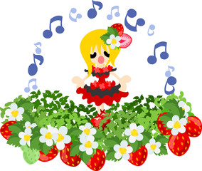 A girl in a dress is singing a song in the strawberry field