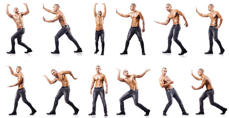 Ripped man pushing away virtual obstacle