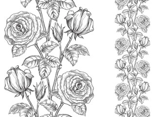 Vintage floral backgrounds. Vector ornate seamless  pattern with roses and leaves at engraving style