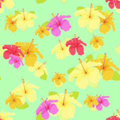Fototapeta na wymiar hibiscus flower illustration seamless background on green