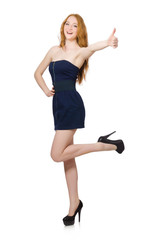 Red hair girl in black strapless dress isolated on white