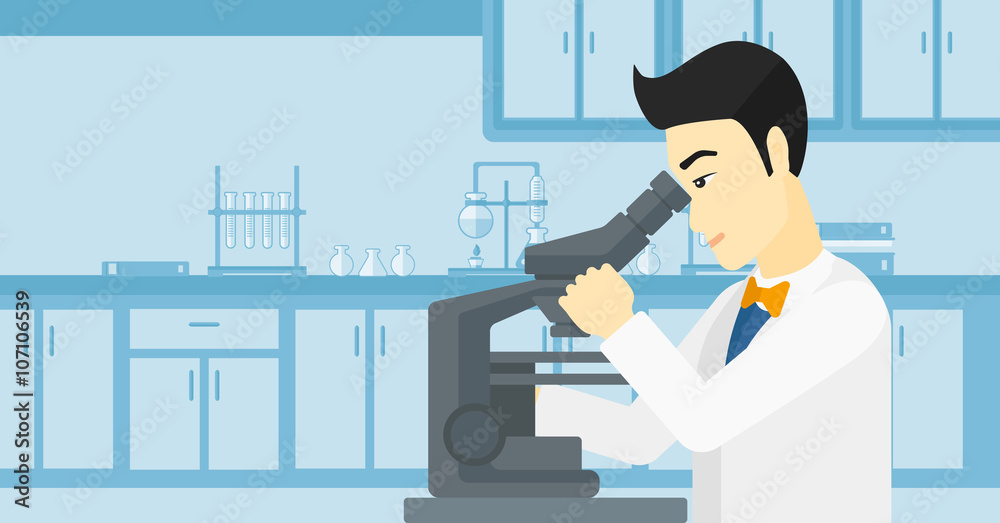 Poster laboratory assistant with microscope.