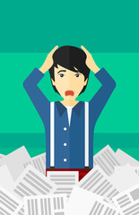 Man in stack of newspapers.