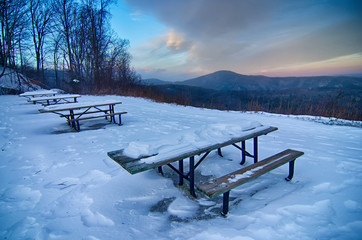scenic views at brown mountain overlook in north carolina at sun