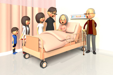 入院している老婦人とお見舞いする家族