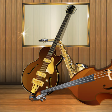 jazz instruments on a wooden background with frame