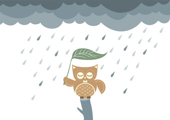 owls cartoon sitting on a branch in the rain,Vector illustrations