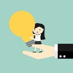 Business concept, Business woman standing on the big hand and holding big light bulb. Vector illustration.