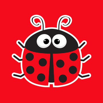 Cute Cartoon Lady Bug Sticker Icon. Red Background. Baby Illustration. Flat Design.