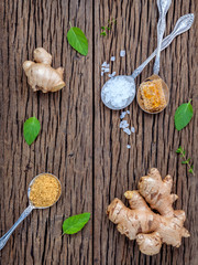 The ingredients of ginger tea with ginger roots , ginger powder
