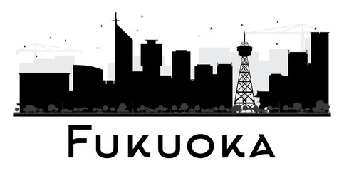 Obraz premium Fukuoka City skyline black and white silhouette.