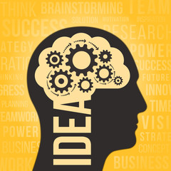 Silhouette of a human head with the gears and idea text. Business idea concept. Abstract vector illustration.