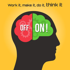 Silhouette of a human head with brain and on off option. Business idea concept. Abstract vector illustration.