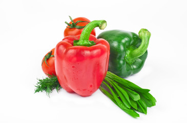 fresh vegetables, red and green peppers, tomatoes, dill and rams