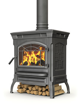 Wood Burning Stove With Fire Flame On White Background