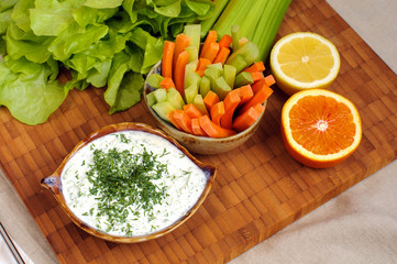 Greek tzatziki sauce and vegetable sticks