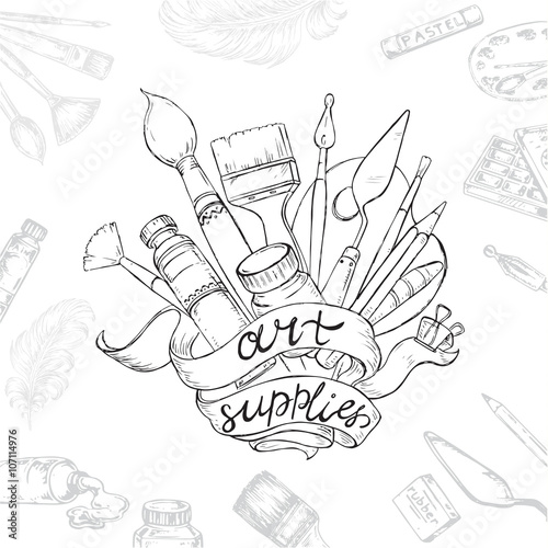 "hand drawn set art supplies" Stock image and royaltyfree vector files