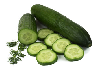 Cucumber and slices isolated over white background.