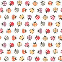 Cute seamless Spring pattern with colorful ladybugs on white background. Nature pattern for kids, textiles, gift wrapping paper, wallpapers.
