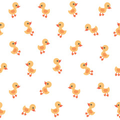 Cute seamless pattern with small yellow ducklings on white background. For spring and Easter, textiles, gift wrapping paper, wallpapers. - 107116528