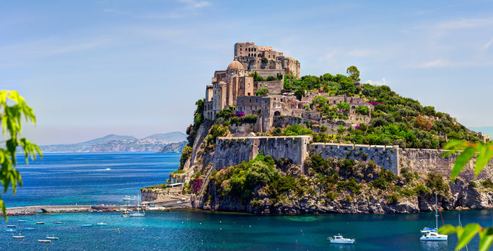 Aragon castle. Hieron I of Syracuse built the fortress in 474 B.C. In 1441 Alfonso of Aragon, rebuilt the old Castle, linking to the main island by the stone bridge. Ischia island, Italy.