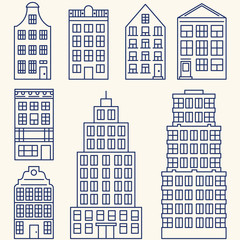 Vector set of linear elements and icons with buildings and skyscrapers for construction map, design or infographics